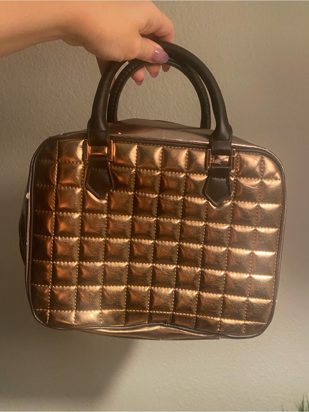 Bronze Quilted Travel Jewelry Organizer, Faux Leather, Zippered, Lined